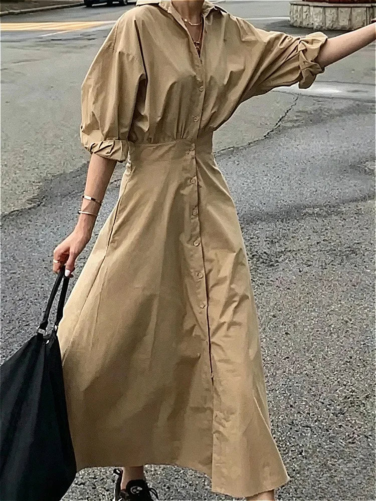 Puff Sleeve Casual Maxi Shirt Dress
