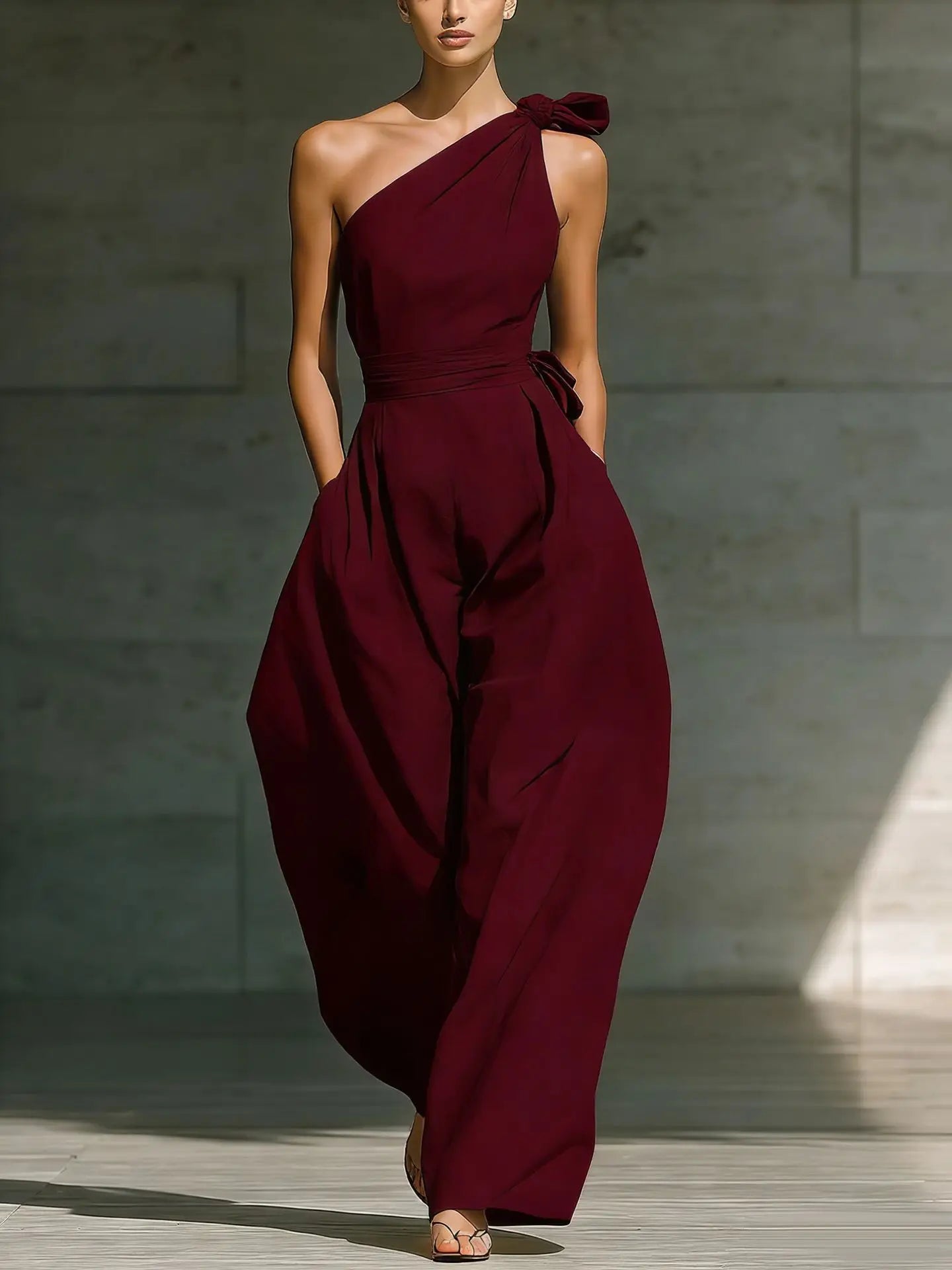 One-Shoulder Draped Lace-Up Wide-Leg Jumpsuit
