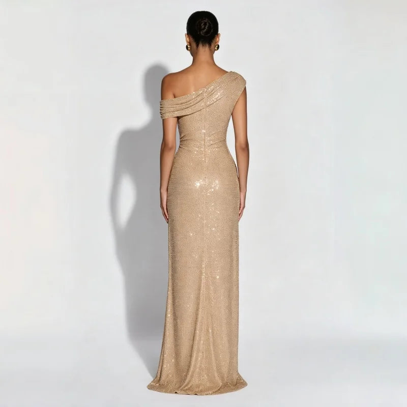 Elegant One-Shoulder Sequin Evening Gown | Backless Slim-Fit Long Dress