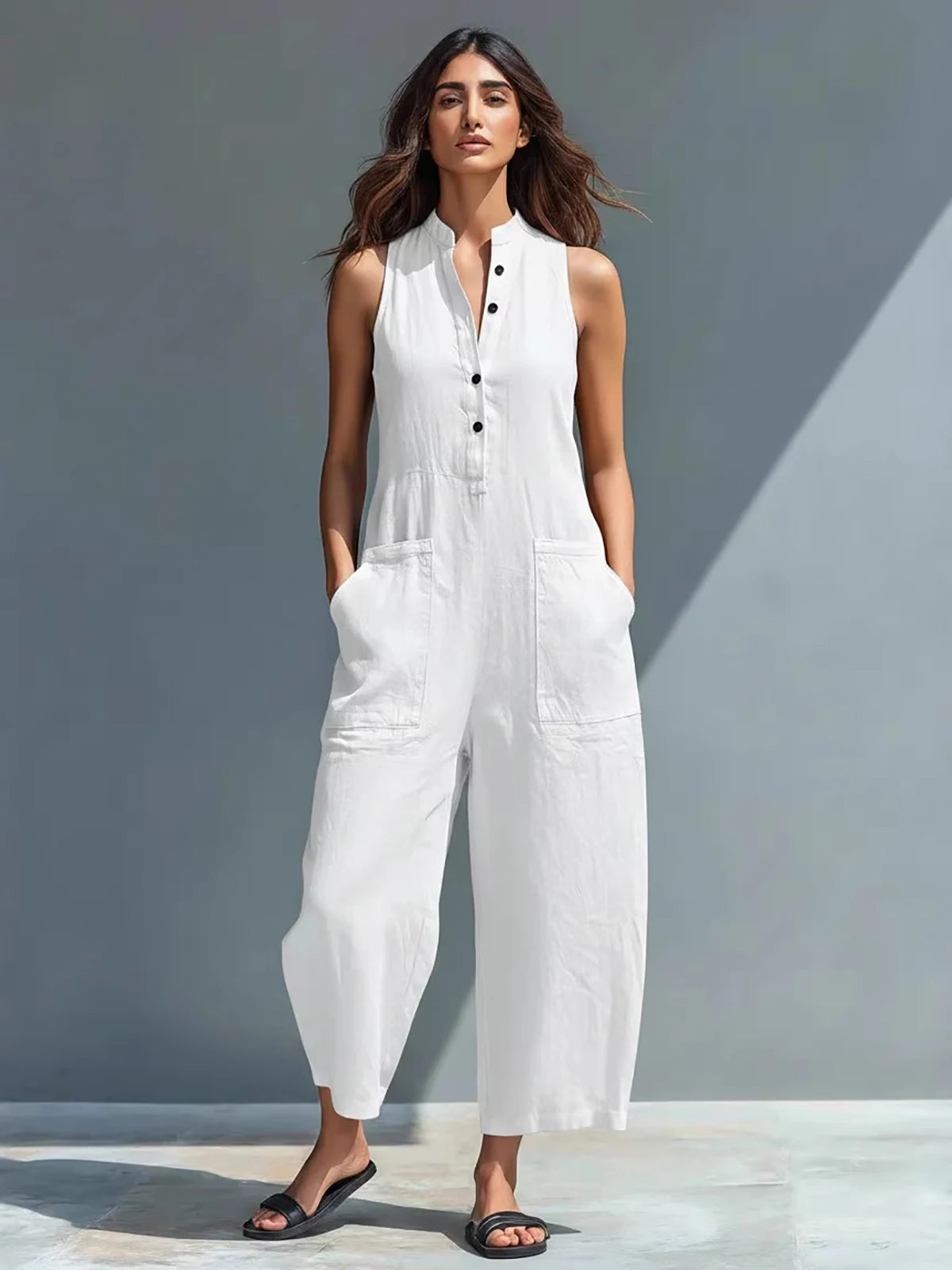 Sleeveless Stand Collar Button-Down Slim Straight-Leg Jumpsuit with Pockets