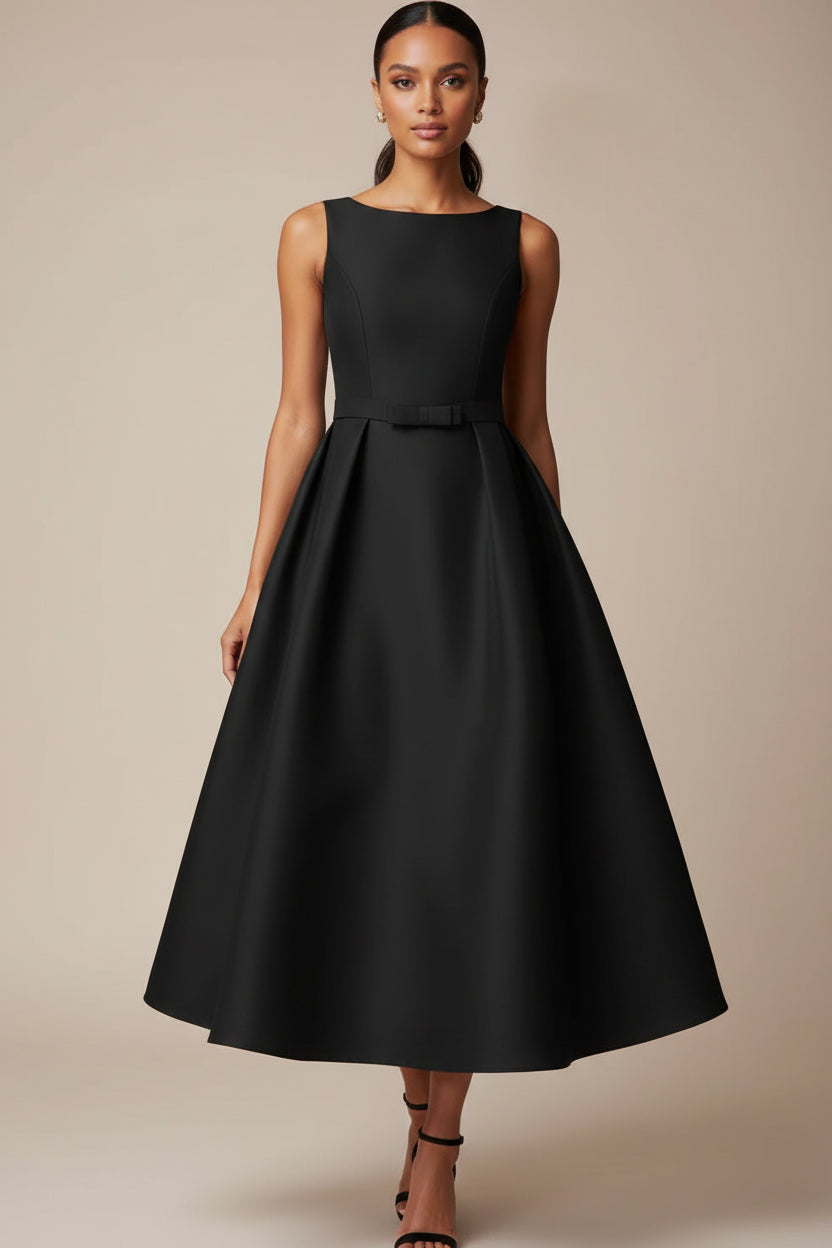 Satin Bow High Waist Midi Dress – Sleeveless, Loose Fit