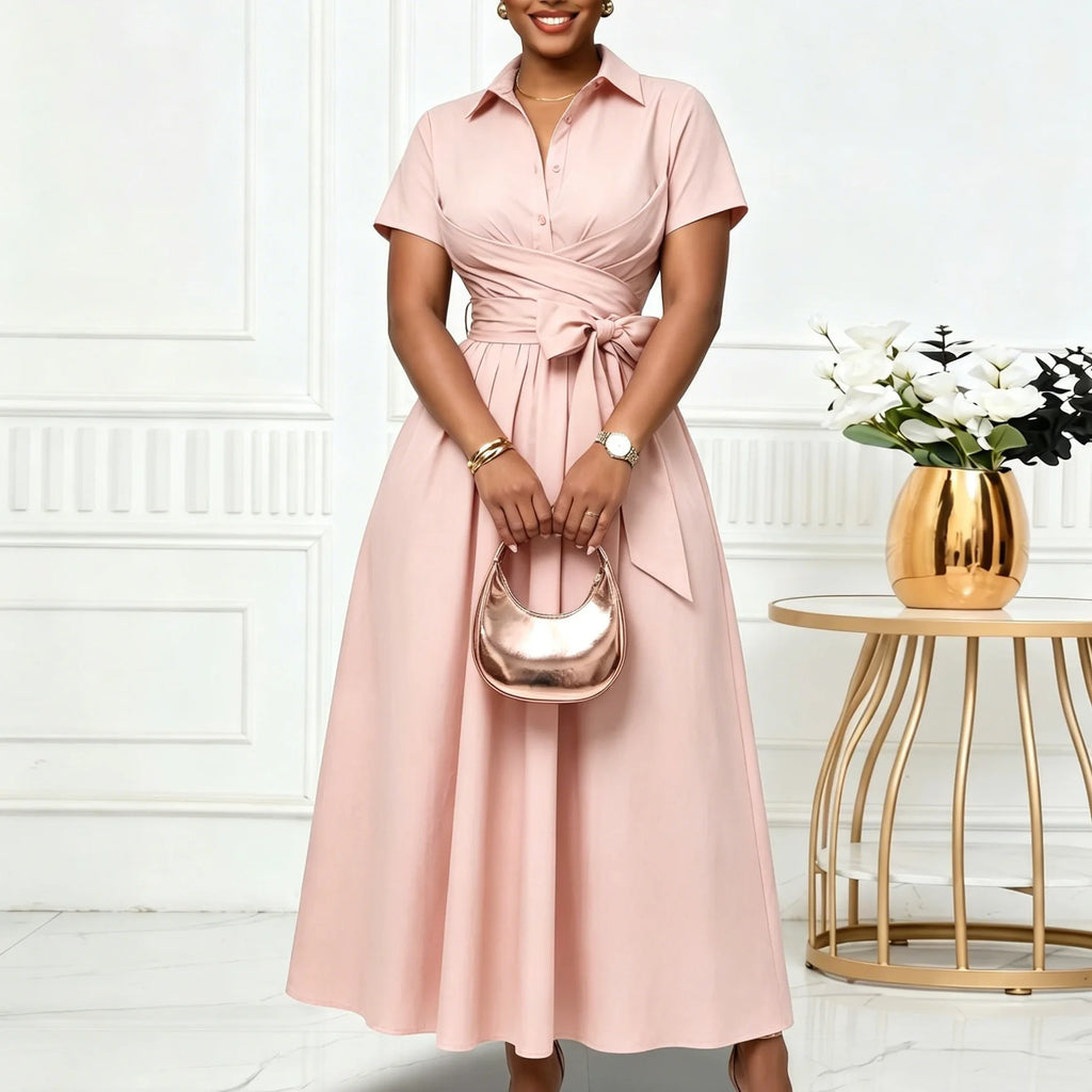 C8662 Women's Summer 2026 New Style Pure Color Belted Short Sleeve Turn-down Collar Dress Elegant Fashion High Waist Midi Dress