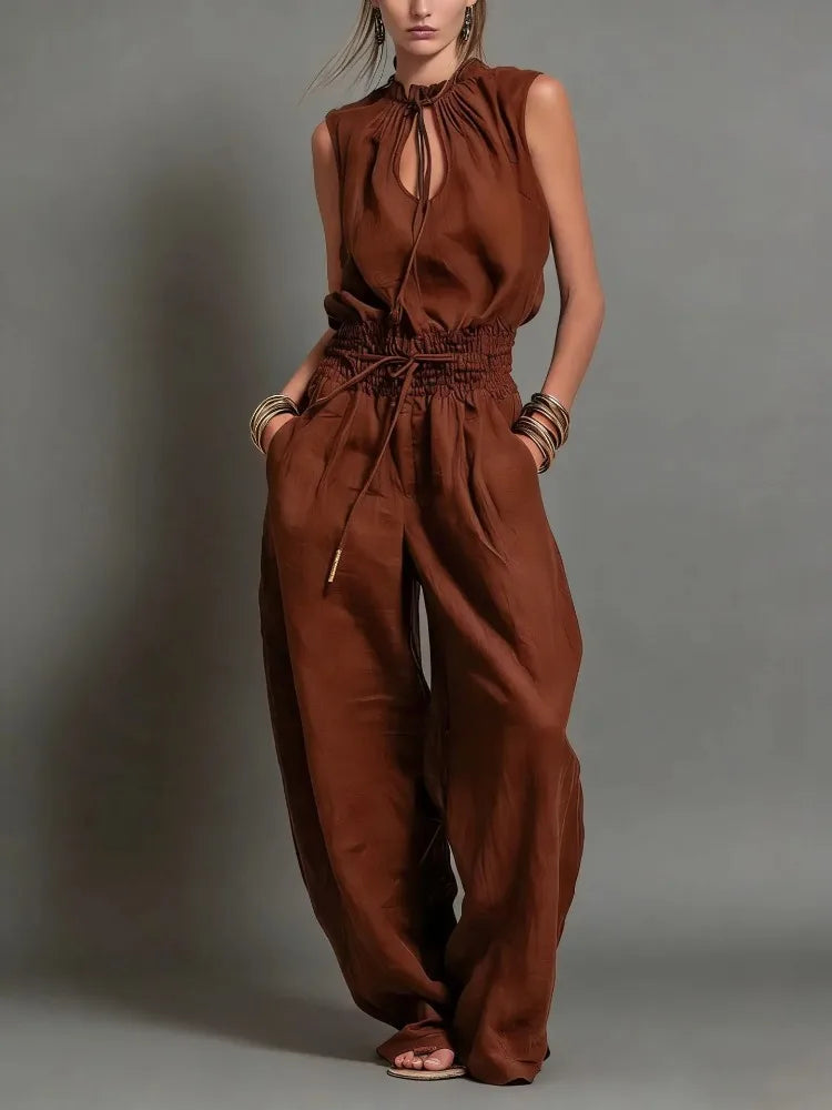 Sleeveless Hollow Lace-Up Waist Wide-Leg Jumpsuit