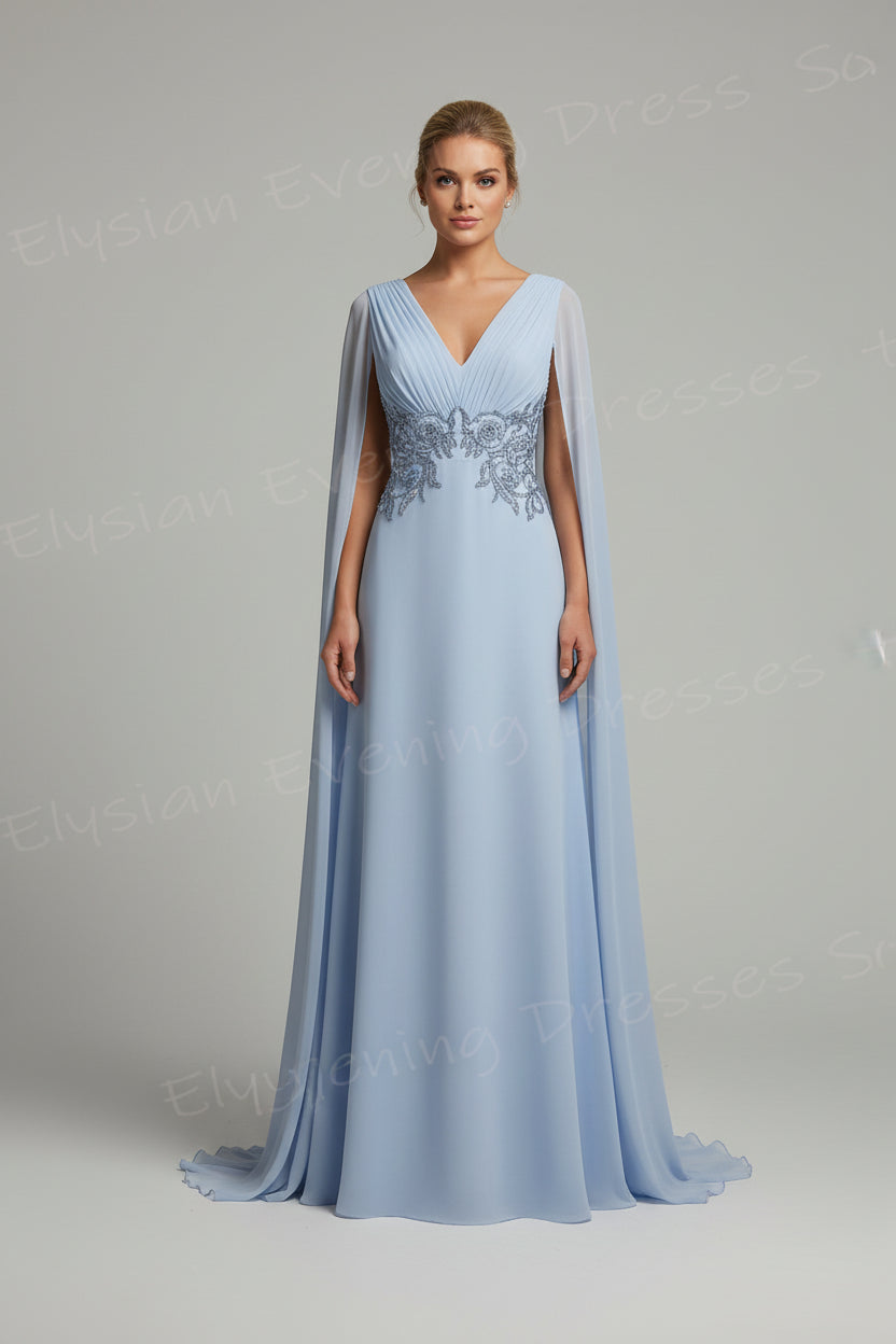 V-Neck Chiffon Appliqué Backless A-Line Prom Gown