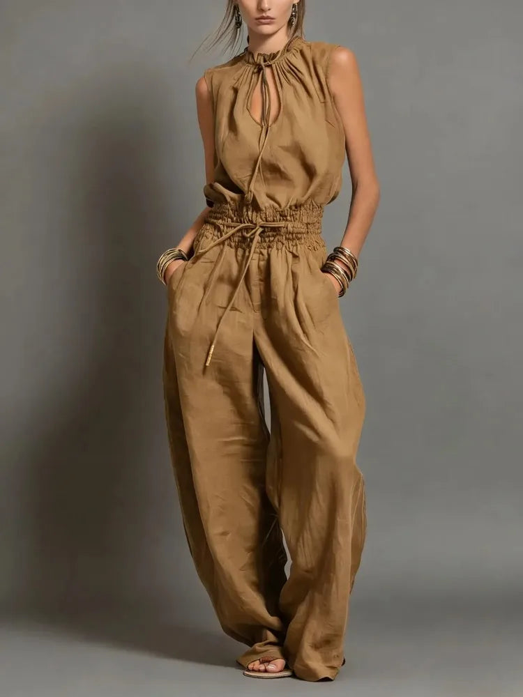Sleeveless Hollow Lace-Up Waist Wide-Leg Jumpsuit