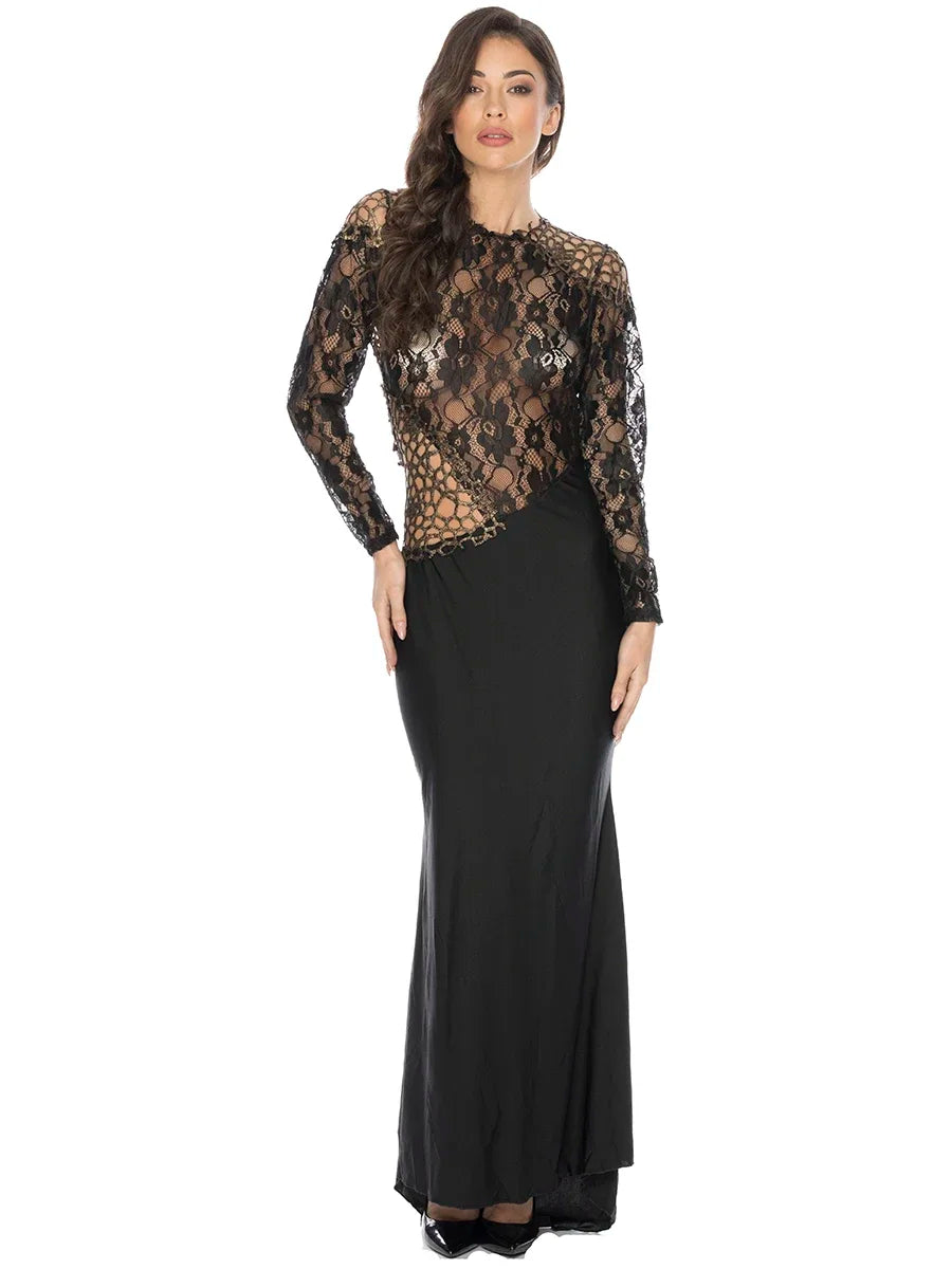 Women's Lace Fishtail Bodycon Maxi Dress Elegant Classy Fall Long Sleeve Mock Neck Cocktail Patchwork Dress See Through