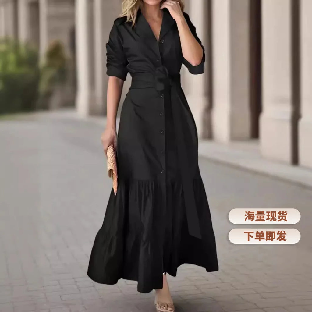 Spring and Summer Women's Shirt Dress Suit Collar Fashion Button Belt Bow High Waist Slim and Elegant Office Skirt