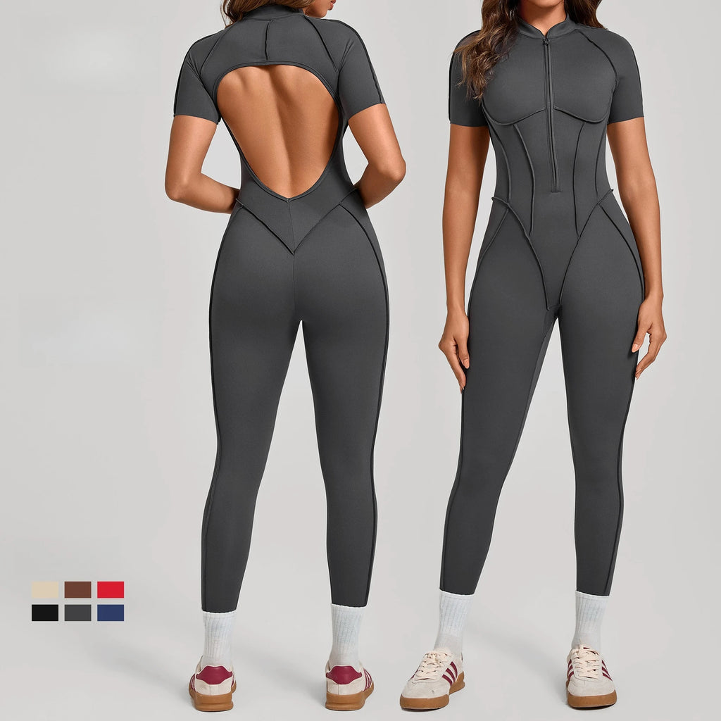 Sexy Hollow Backless Sport Bodycon Jumpsuits Women Sportswear Short Sleeve Zipper Gym Fitness Overalls One Piece Yoga Clothes