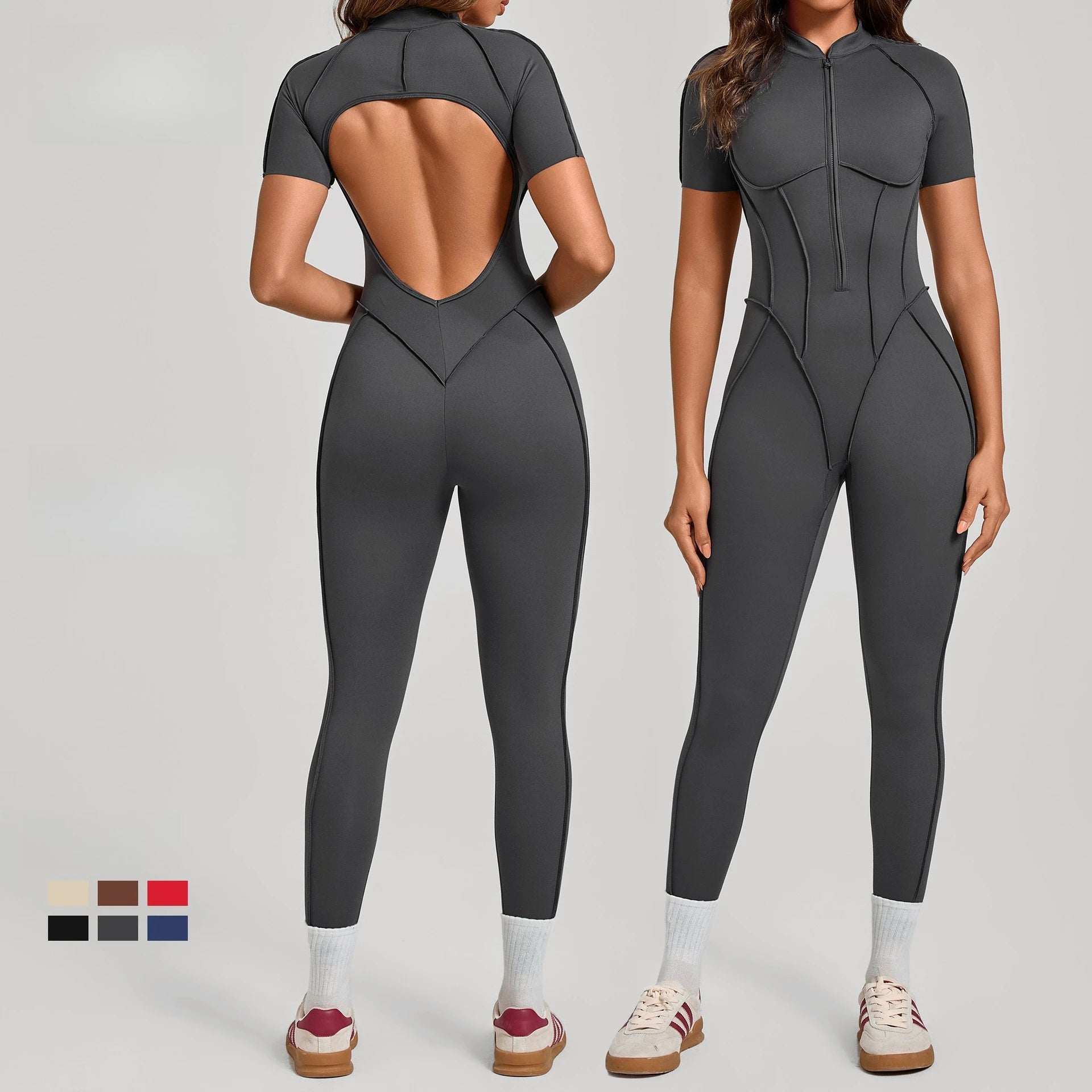 Sexy Hollow Backless Sport Bodycon Jumpsuits Women Sportswear Short Sleeve Zipper Gym Fitness Overalls One Piece Yoga Clothes