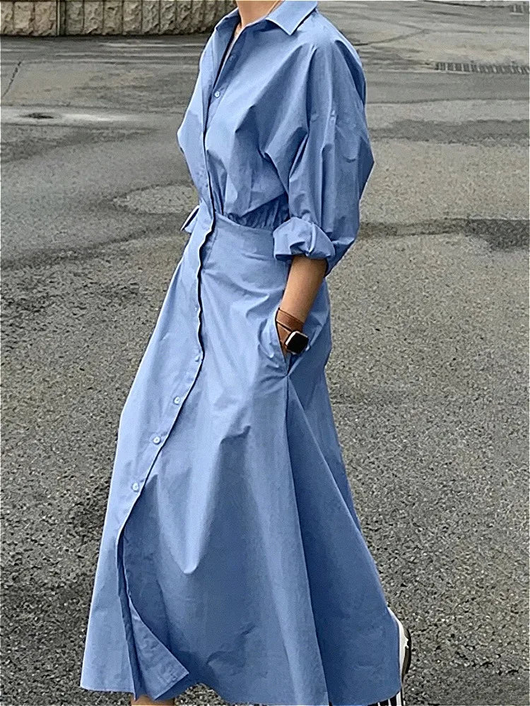 Puff Sleeve Casual Maxi Shirt Dress