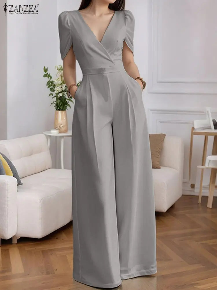 Deep V-Neck High Waist Wide-Leg Belted Jumpsuit