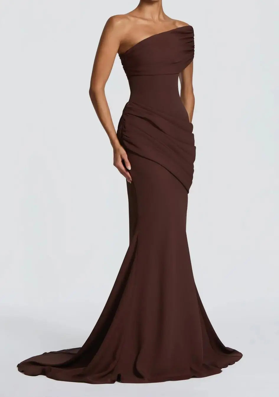 French elegant evening dress, ladies' style, oblique collar and off-the-shoulder, sexy, slim, waist and solid color, advanced.