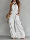 Retro Solid Women's Loose Wide Leg Jumpsuit Fashion Neck Hanging Design Sexy Backless Romper With Pocket Ladies Office Jumpsuits