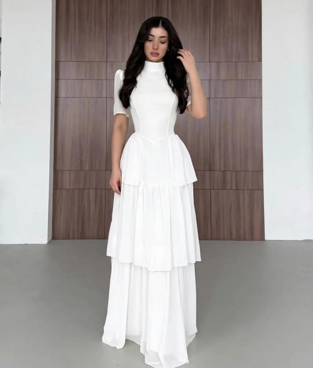 Tiered Pleated Round-Neck Midi Dress