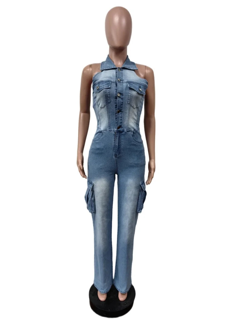 Fashion Denim Cargo Jumpsuits Summer Clothing Women 2026 Sleeveless Backless Straight Jeans Rompers One Pieces Overalls Outfits