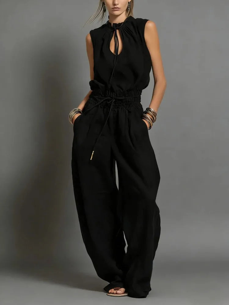 Vestidos Hollow Lace Wide-leg Trousers Jumpsuits Summer New Solid Color Loose Sleeveless Lace-up Waist Jumpsuit Set for Women