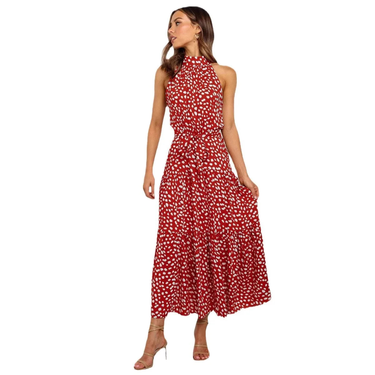 Printed Halter Neck Lace-Up Maxi Dress