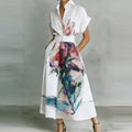New Fashion Print Maxi Dress Women Summer Short Sleeve Turn-Down Collar Holiday Party Dress Button Patchwork Casual Ladies Dress