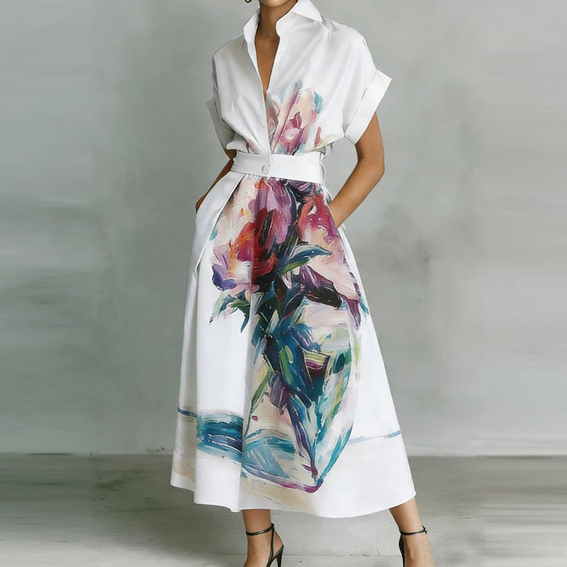 New Fashion Print Maxi Dress Women Summer Short Sleeve Turn-Down Collar Holiday Party Dress Button Patchwork Casual Ladies Dress