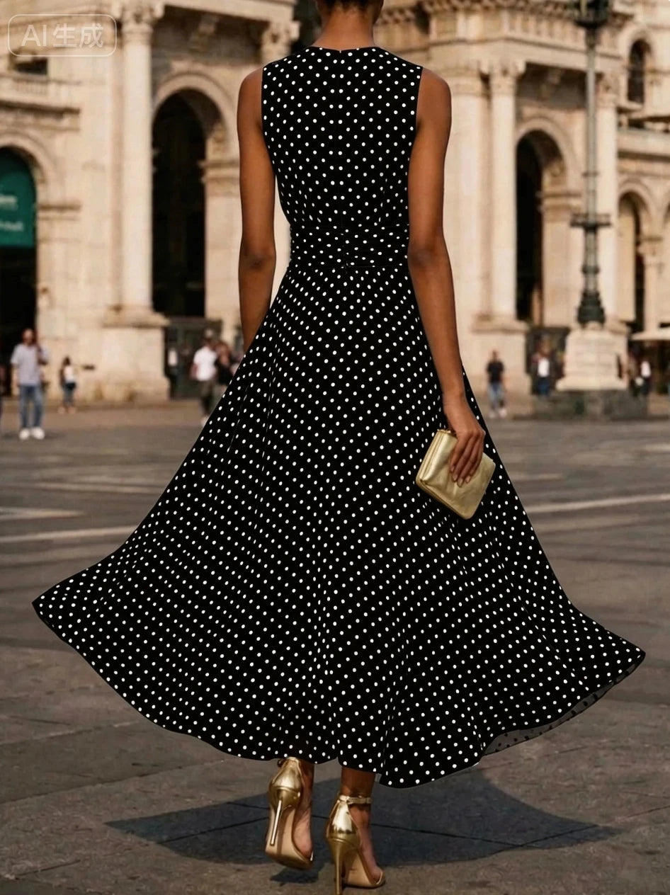 Sleeveless Polka Dot Maxi Dress Women Elegant Flowy Evening Gown