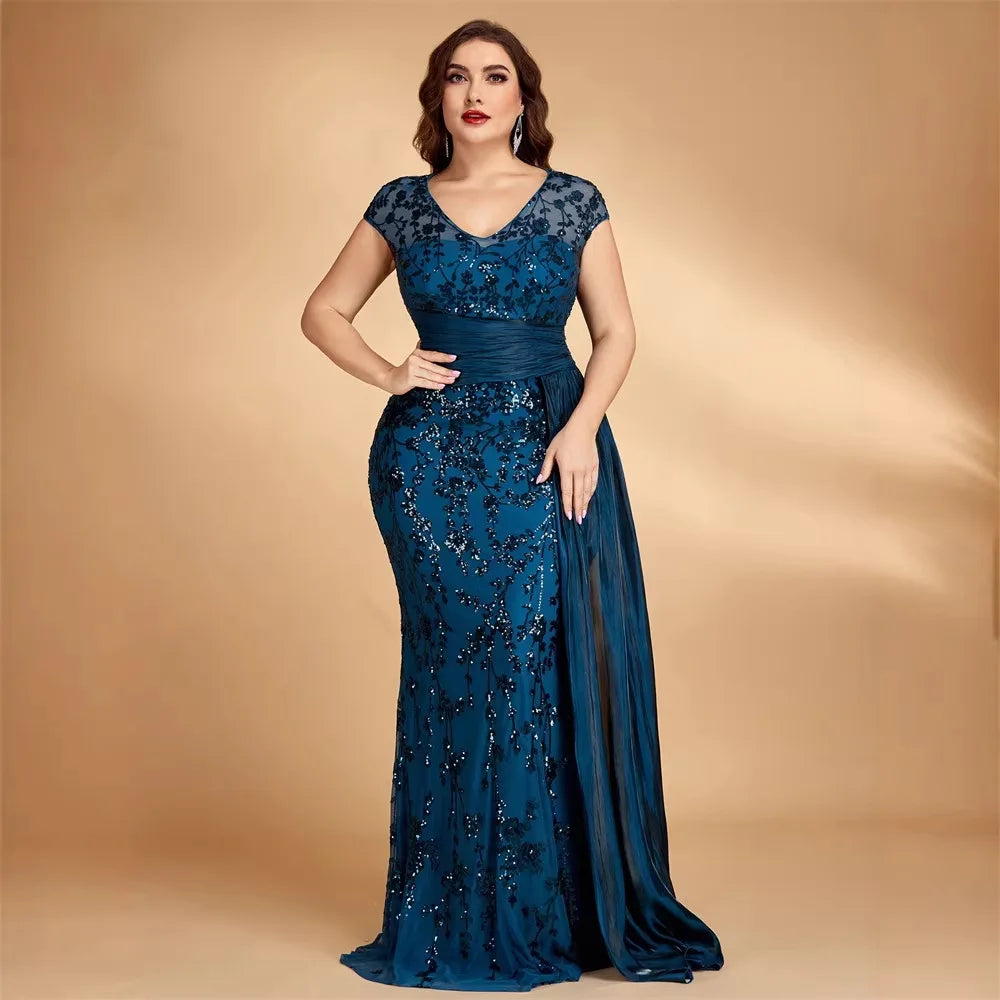 Elegant Beaded V-Neck Sleeveless Evening Dress Midi Skirt for Women Knitted Fabric Glitzy Sequin Party Ball Gown Mom Size
