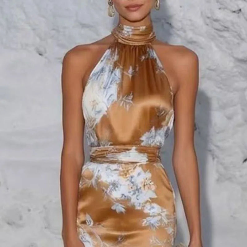 Halter Neck Satin Ruched Pencil Dress
