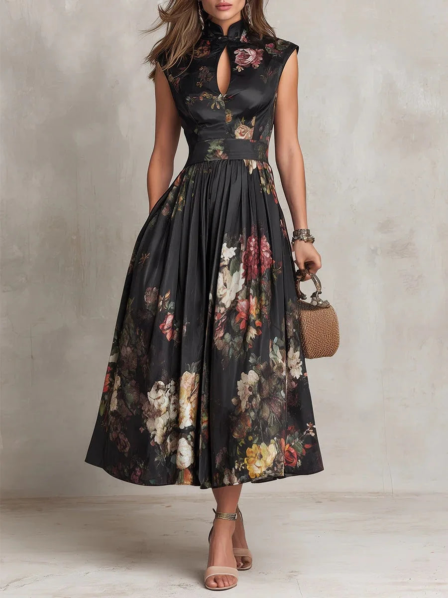 2026 Spring New Women's Sleeveless Black Digital Print Long Skirt Three-dimensional Flower Slim Dress for Women