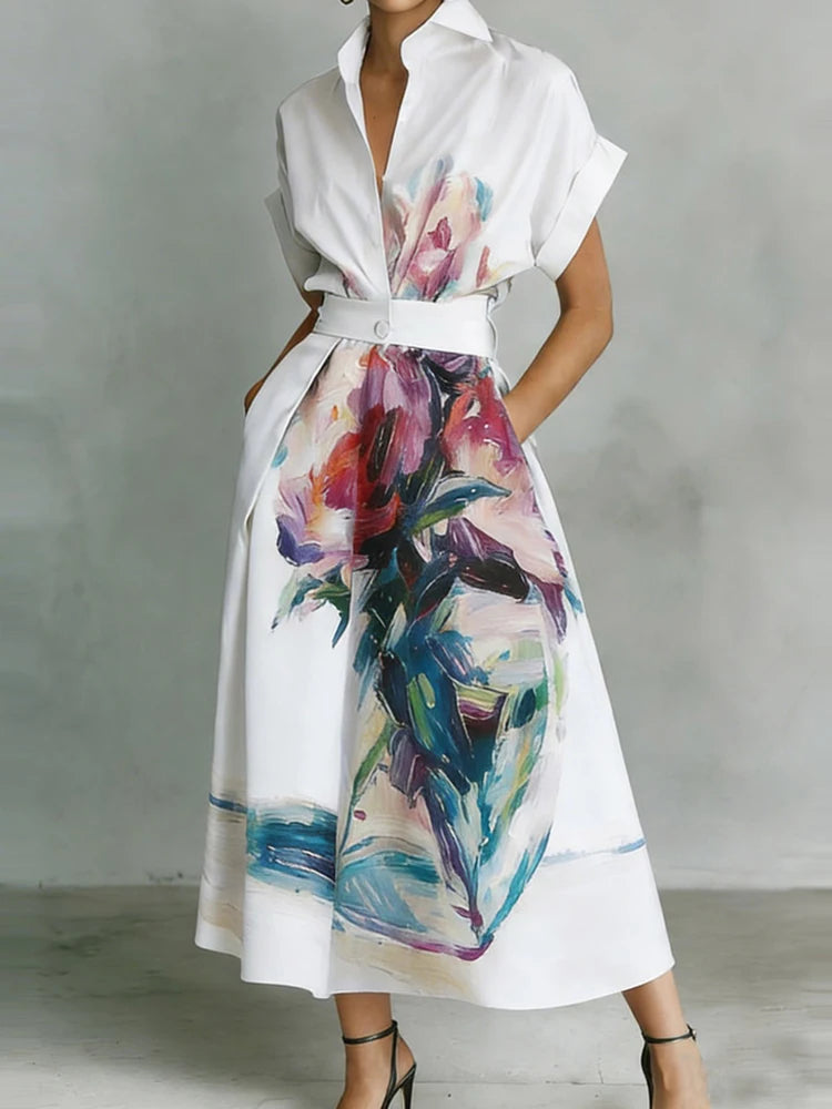 New Fashion Print Maxi Dress Women Summer Short Sleeve Turn-Down Collar Holiday Party Dress Button Patchwork Casual Ladies Dress