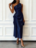 Satin One-Shoulder Ruched Midi Dress – Sleeveless, Elegant