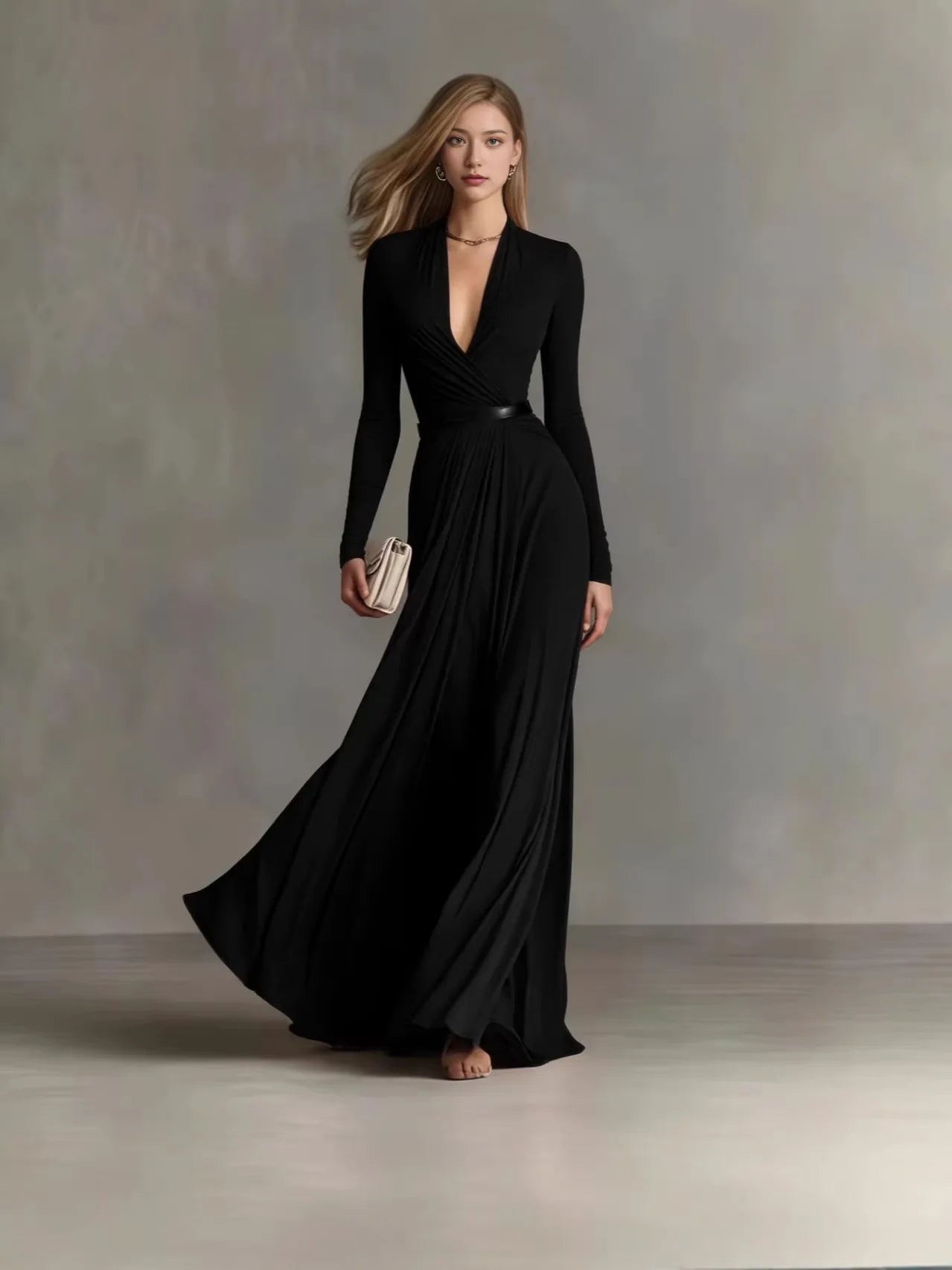 Deep-V Long Sleeve Ruched Waist Maxi Gown