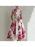 Women's Floral Print High Neck Midi Dress Cap Sleeve A-Line Flared Elegant Cocktail Party Evening Dress with Pockets