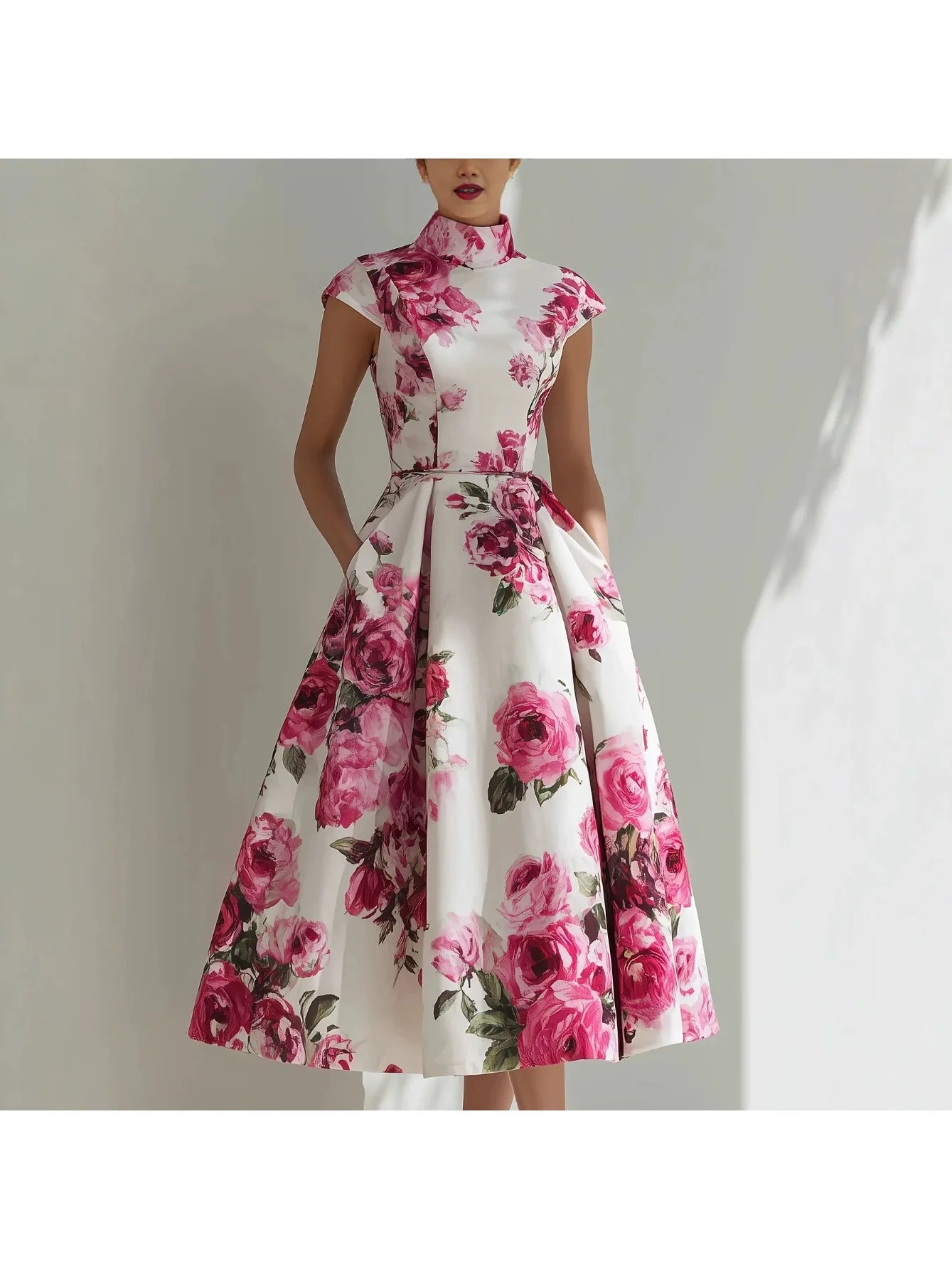 Women's Floral Print High Neck Midi Dress Cap Sleeve A-Line Flared Elegant Cocktail Party Evening Dress with Pockets