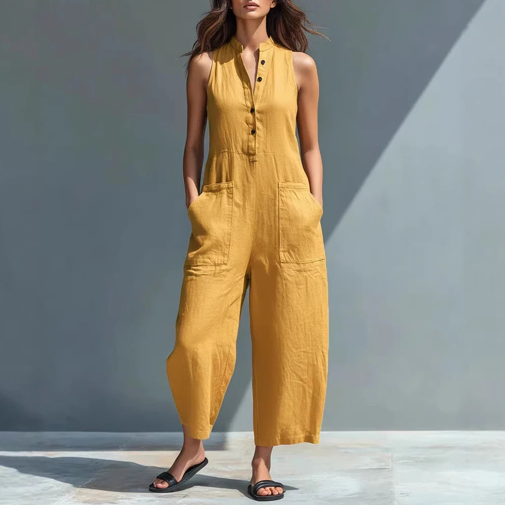 Sleeveless Stand Collar Button-Down Slim Straight-Leg Jumpsuit with Pockets