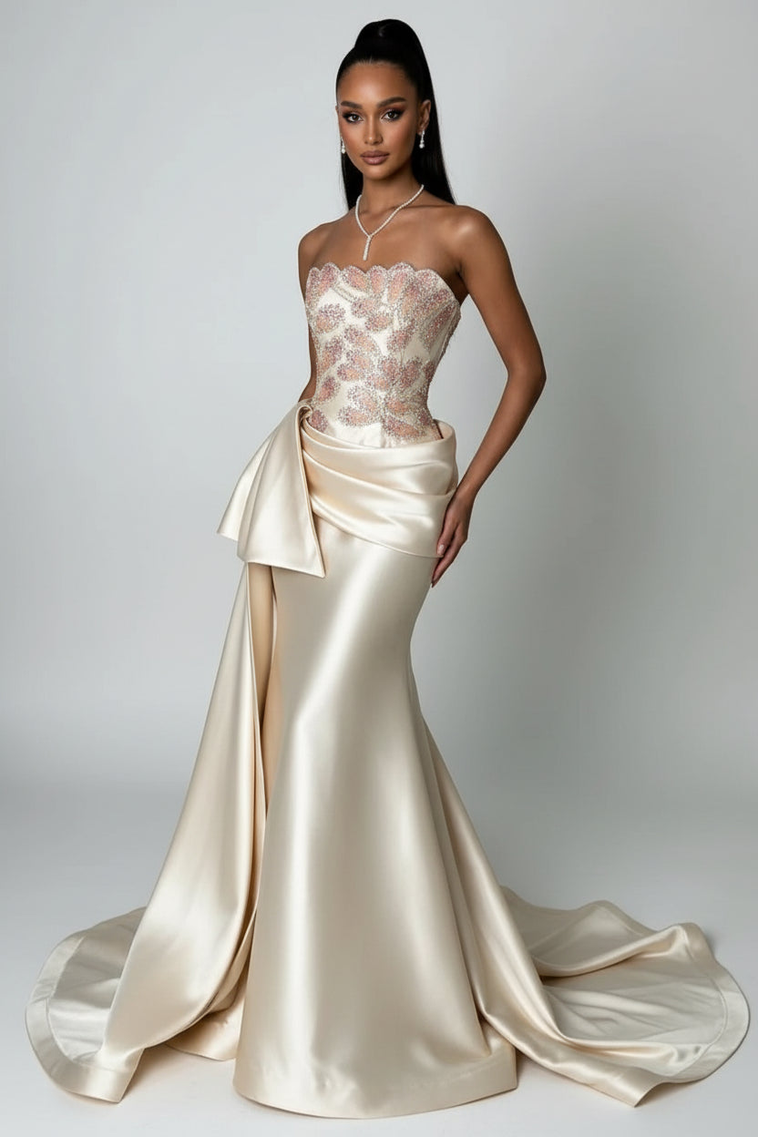 Beaded Rhinestone Strapless A-Line Evening Dress – Ruched, Custom