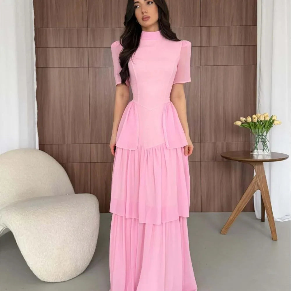Tiered Pleated Round-Neck Midi Dress