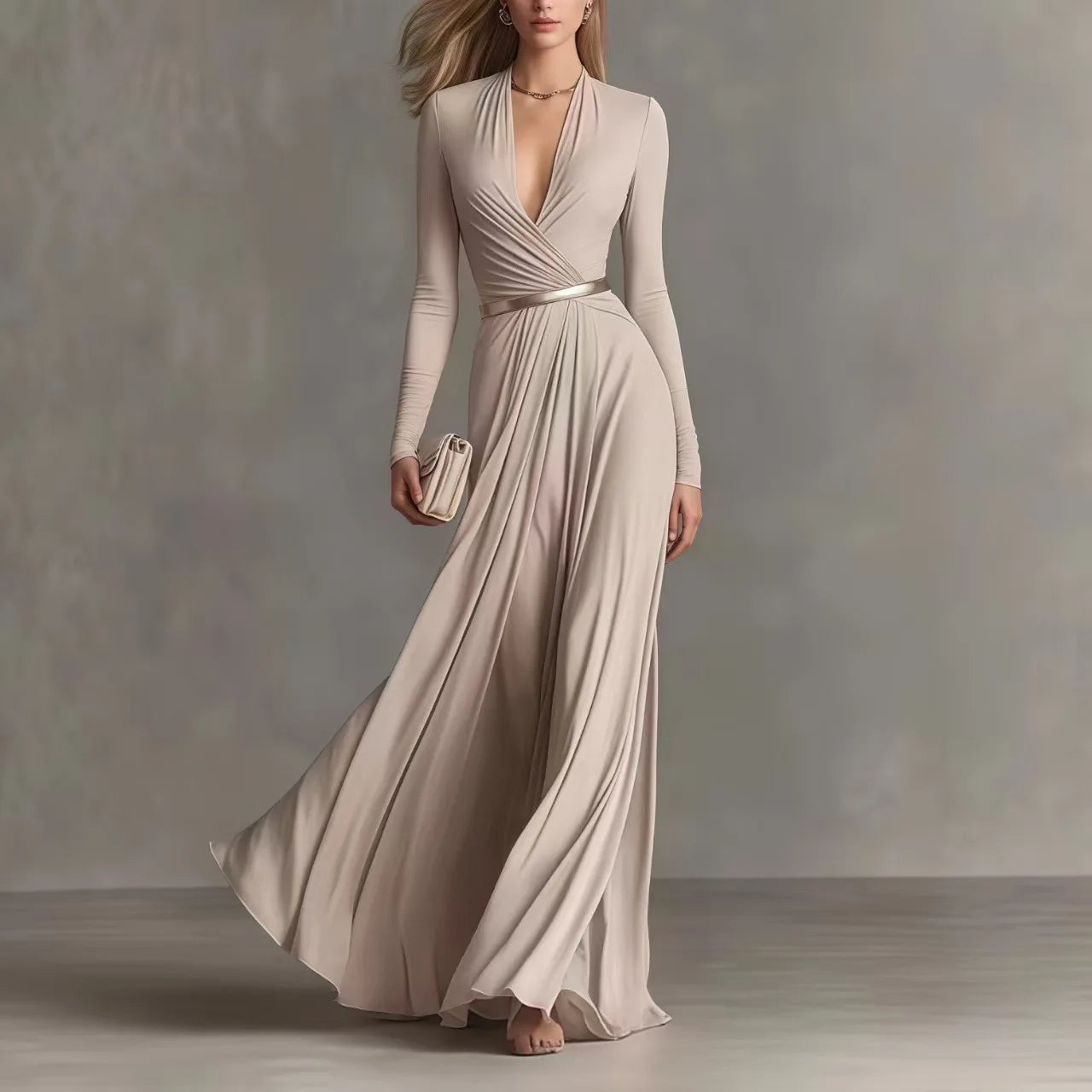 Deep-V Long Sleeve Ruched Waist Maxi Gown