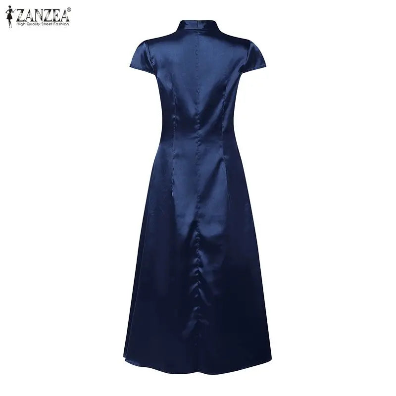 ZANZEA Women Silky Satin Midi Dress V-Neck Short Sleeve Cinch Waist A-Line Dresses Minimalist Commute Party Vestidos de Mujer