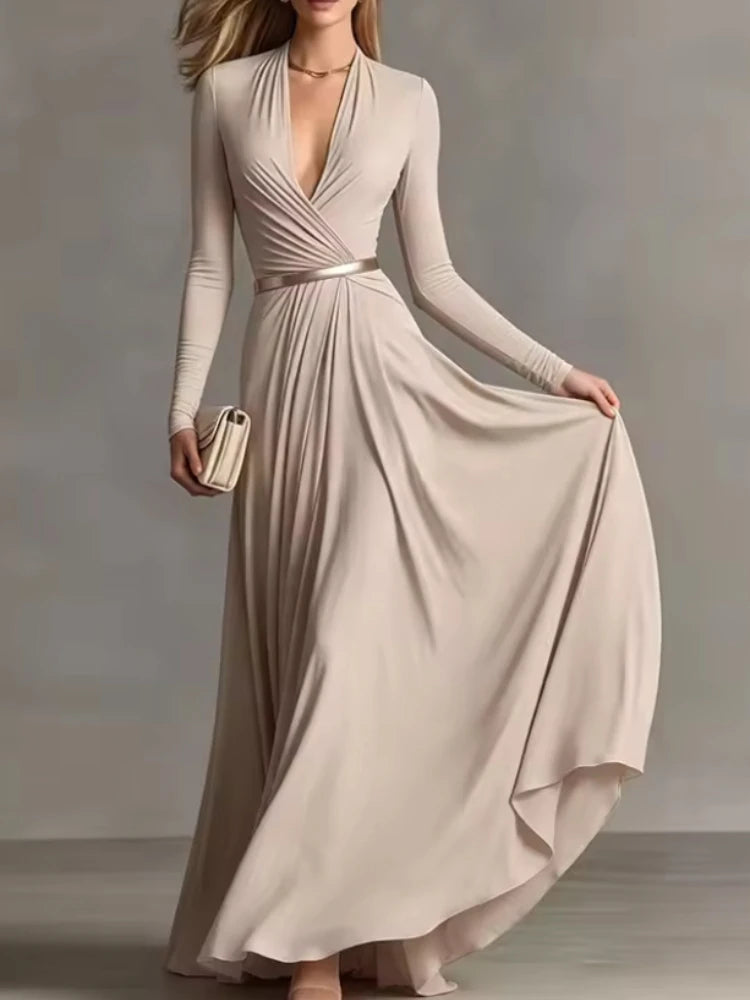 Deep-V Long Sleeve Ruched Waist Maxi Gown