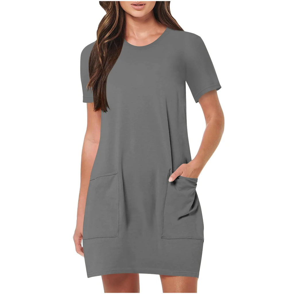 Loose Pocket Round-Neck Casual Mini Dress