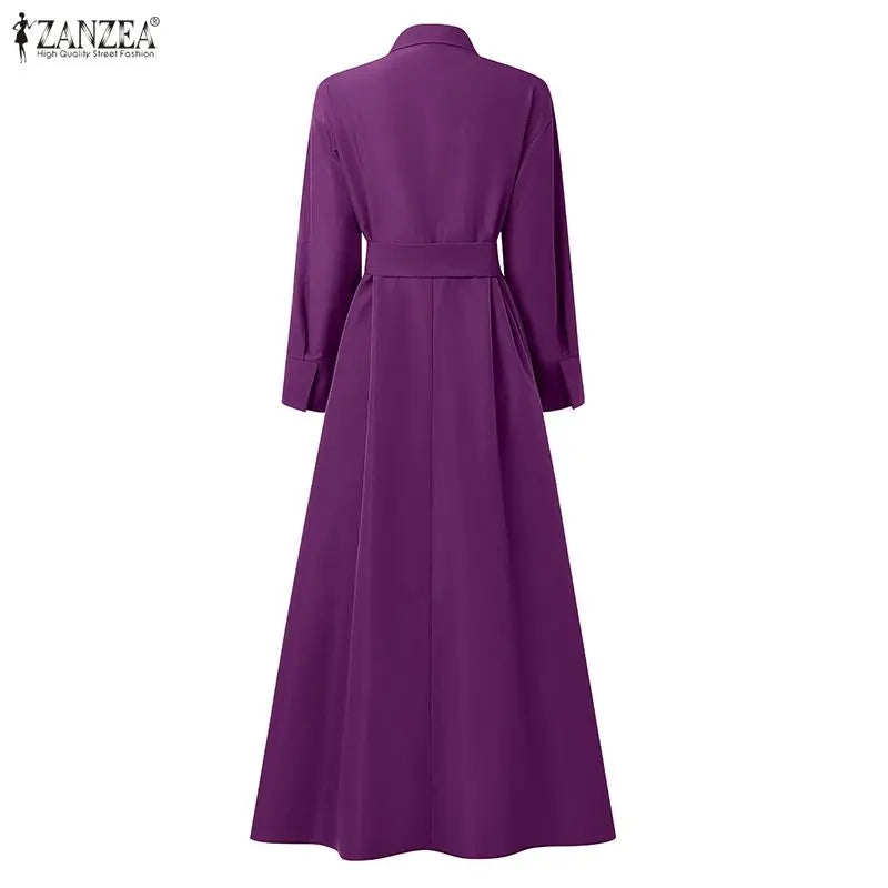 ZANZEA Elegant Lapel Neck Long Sleeve OL Dress Fashion Women Dresses 2026 Spring Solid Belted Robe Stylish A Line Work Sundress