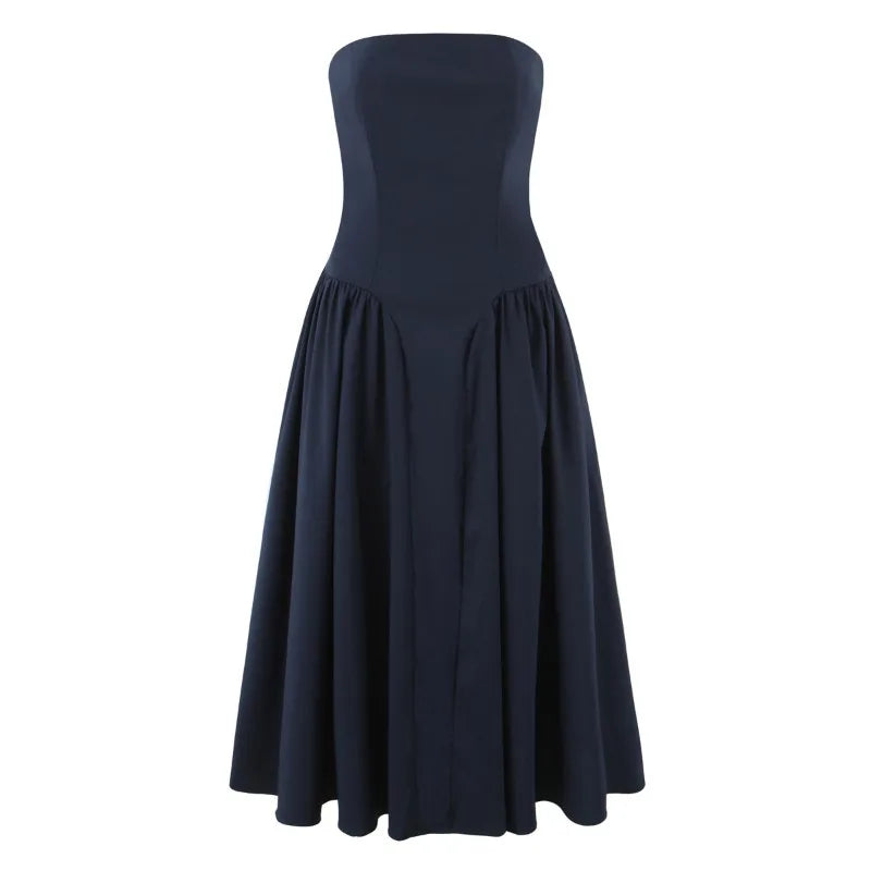 Women's Elegant Pink Wedding Guest Tube Midi Dress Lace Up Corset Waist A Line Flowy Party Dress Casual Formal Evening Gown