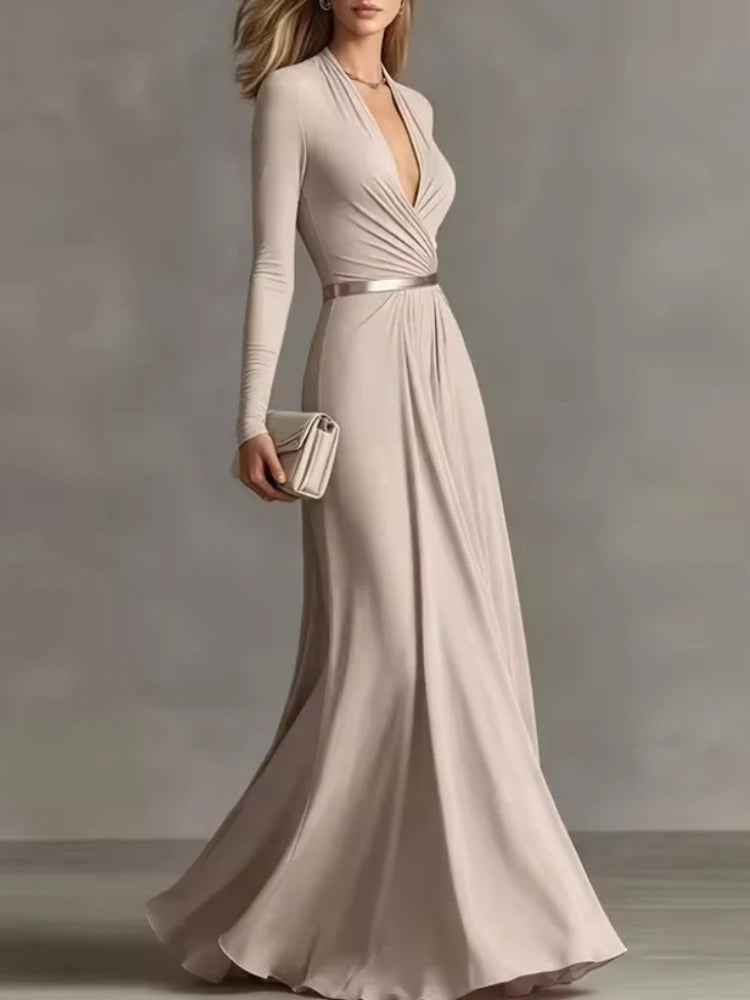 Deep-V Long Sleeve Ruched Waist Maxi Gown