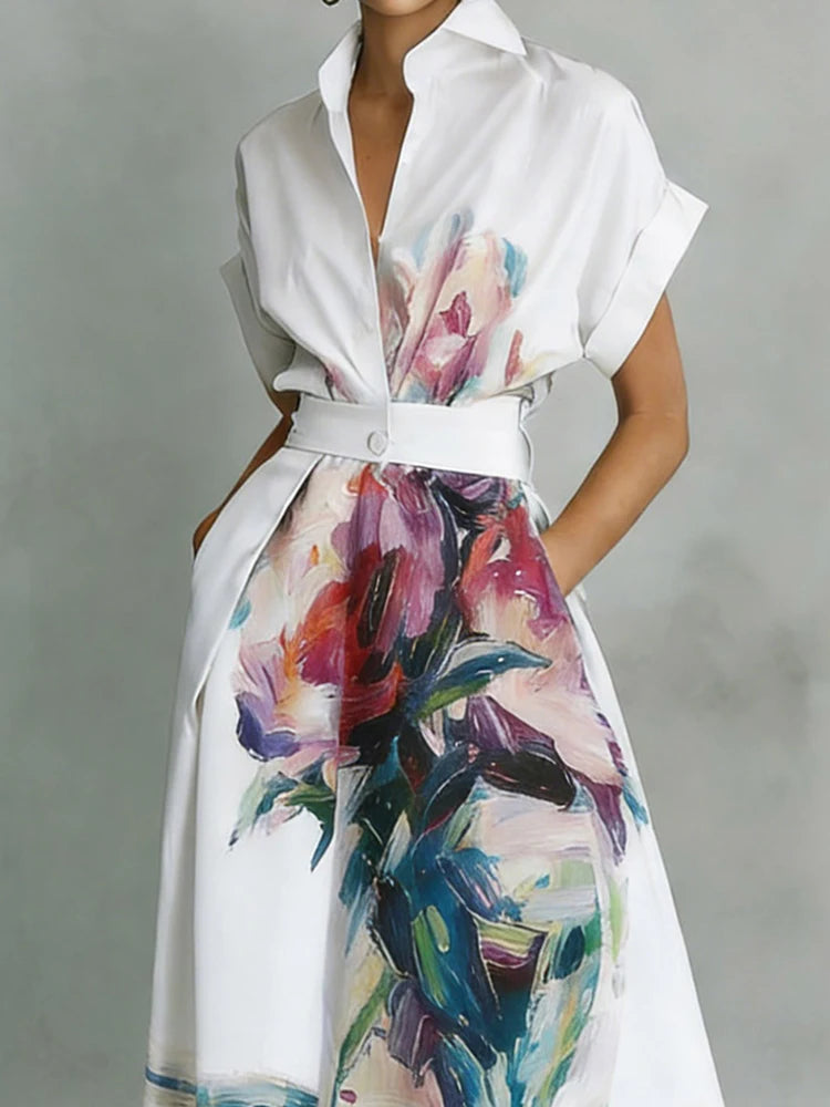 New Fashion Print Maxi Dress Women Summer Short Sleeve Turn-Down Collar Holiday Party Dress Button Patchwork Casual Ladies Dress
