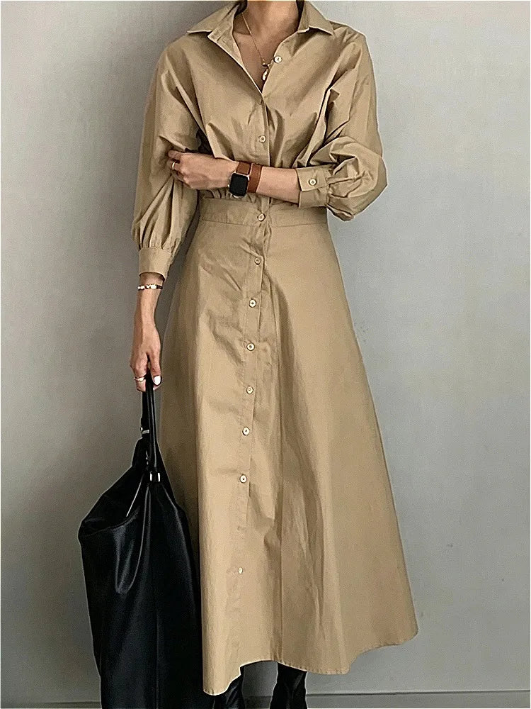 Puff Sleeve Casual Maxi Shirt Dress