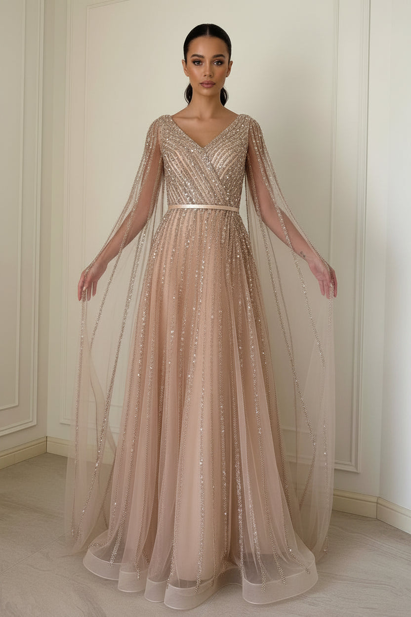 Sequin V-Neck Evening Gown – Floor Length A-Line