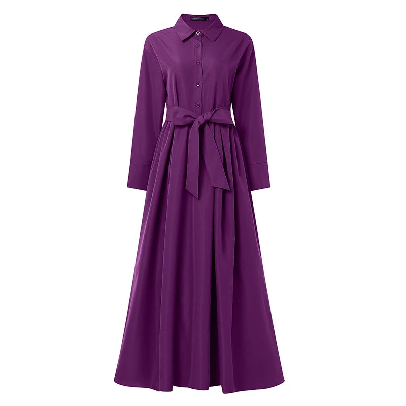 ZANZEA Elegant Lapel Neck Long Sleeve OL Dress Fashion Women Dresses 2026 Spring Solid Belted Robe Stylish A Line Work Sundress