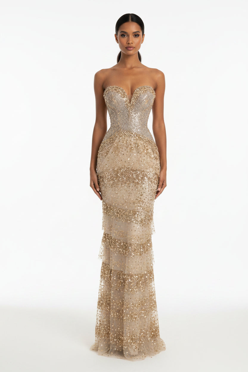 Crystal Beaded Strapless Trumpet Evening Gown – Court Train, Custom