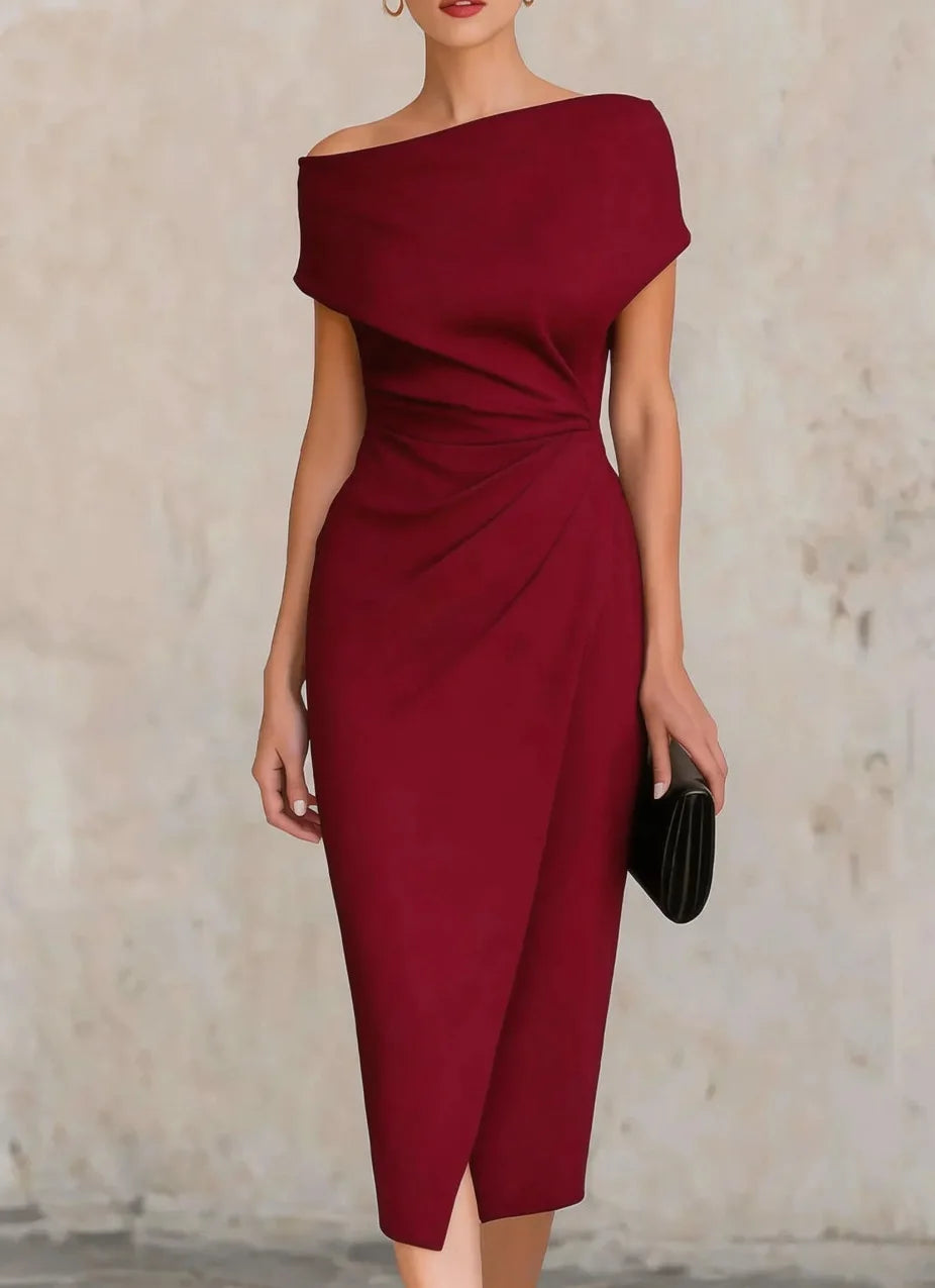 2026 Summer Women's New One-shoulder Waist Pleated Dress Banquet Commuting Slit Dress