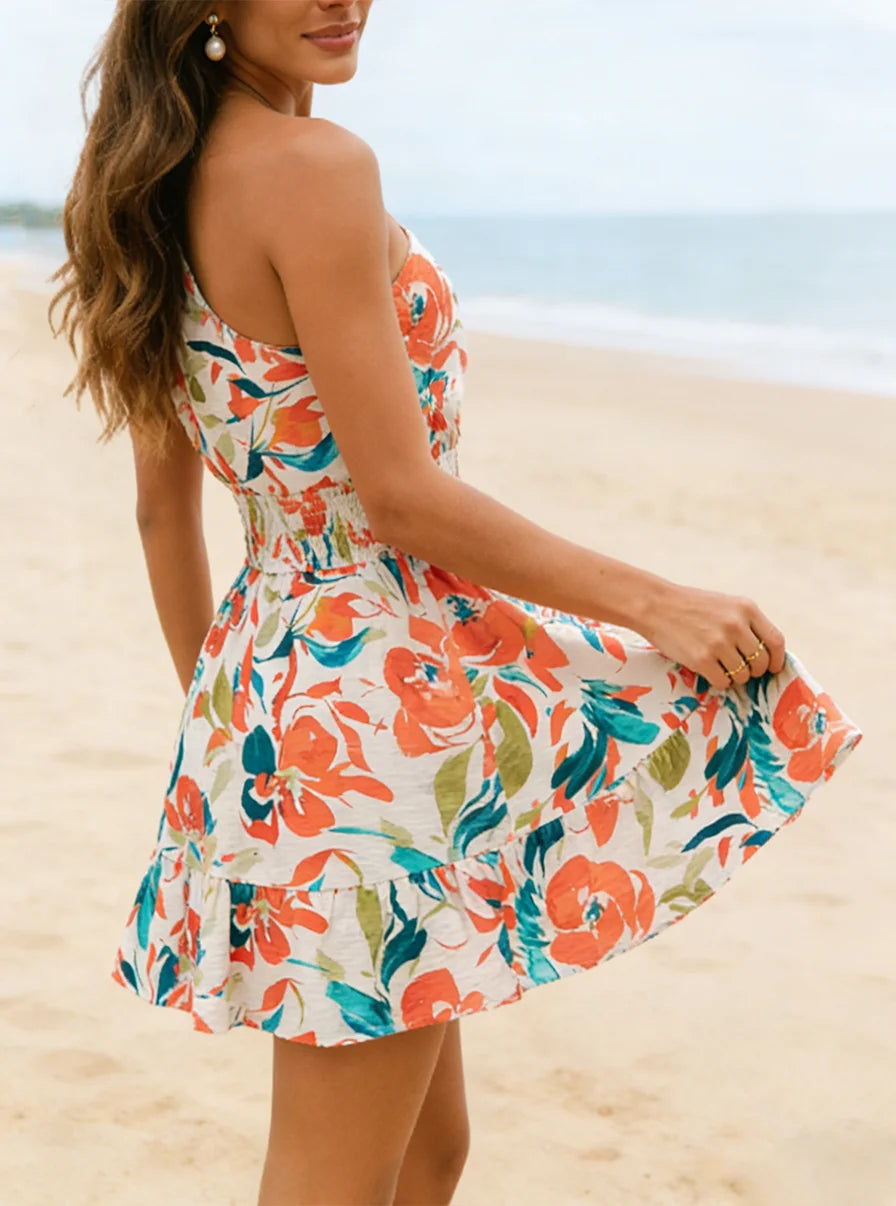 Elegant Women's One-Shoulder Floral Print Dress. Perfect for Dates, Shopping, Vacation, Beach Trips and Daily Casual Wear.