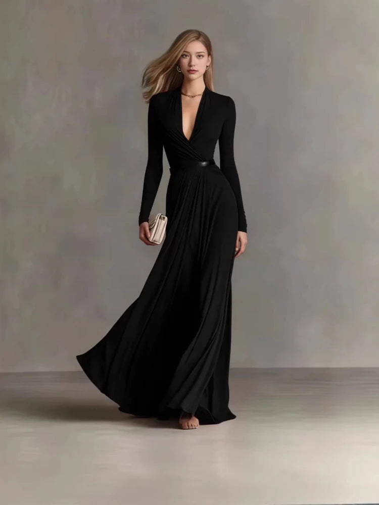 Deep-V Long Sleeve Ruched Waist Maxi Gown